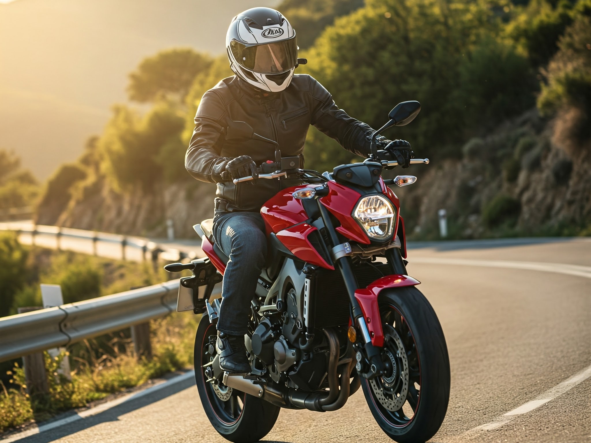 A motorcyclist rides a red sportbike on a winding mountain road at sunset.