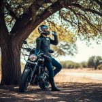 A motorcyclist wearing full riding gear and a helmet takes a break under a large tree, drinking water while leaning against their parked motorcycle on a sunny rural roadside.