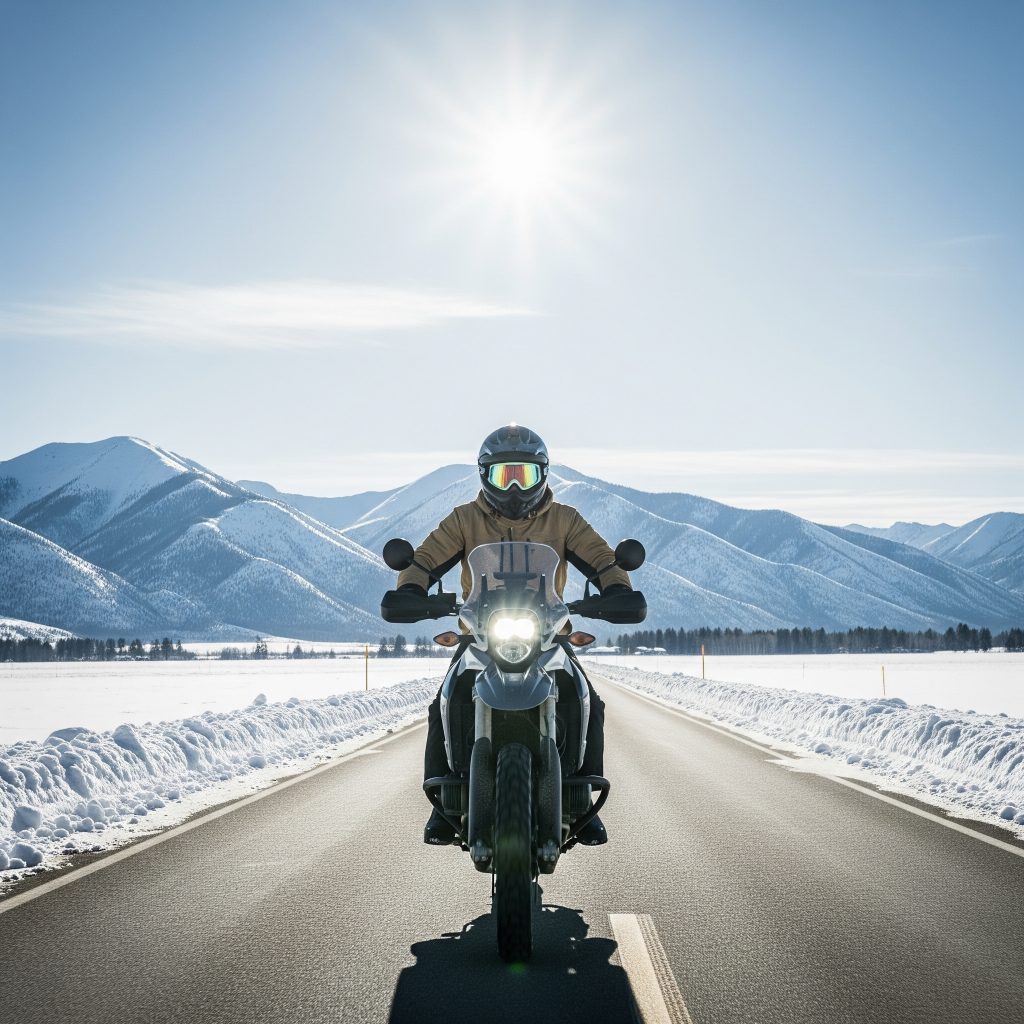 A rider in full winter gear on a Montana backroad, snow on the shoulders of the road but pavement clear, bright winter sun overhead.