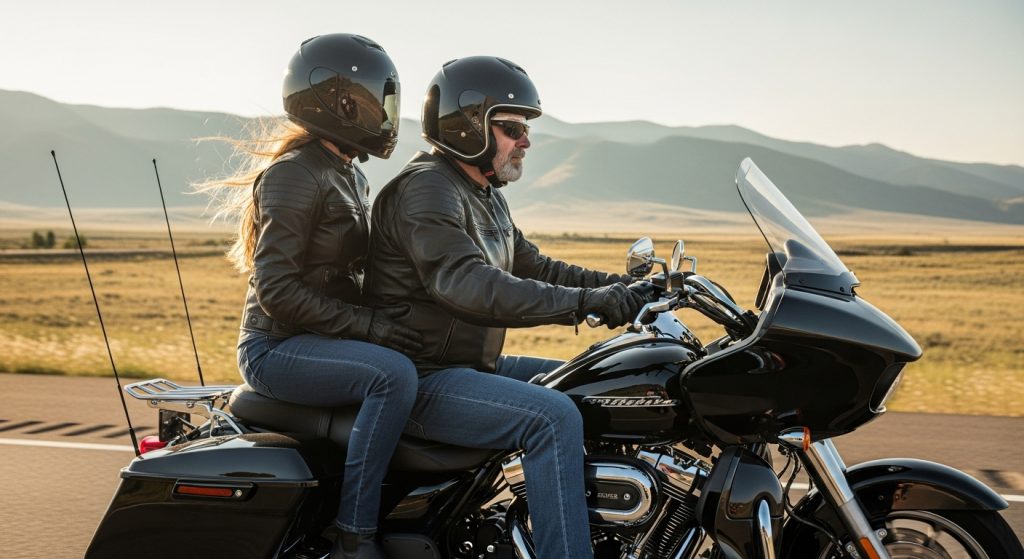 A motorcycle rider and passenger on a touring bike cruising a sunny montana highway, both in full gear, with mountains in the background.
