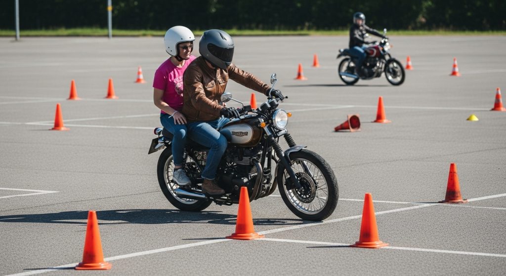 Two motorcyclists practice navigating through traffic cones in an empty parking lot—an essential exercise for building control, awareness, and confidence in motorcycle safety training.