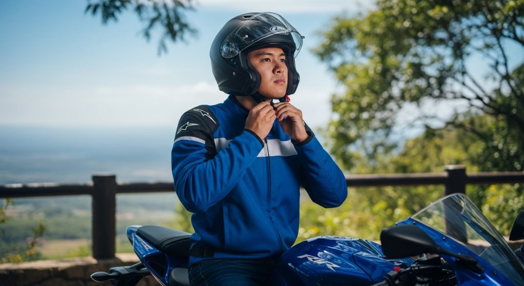 A motorcyclist fastens his motorcycle safety helmet while seated on a blue sport bike, emphasizing the importance of protective gear before riding.