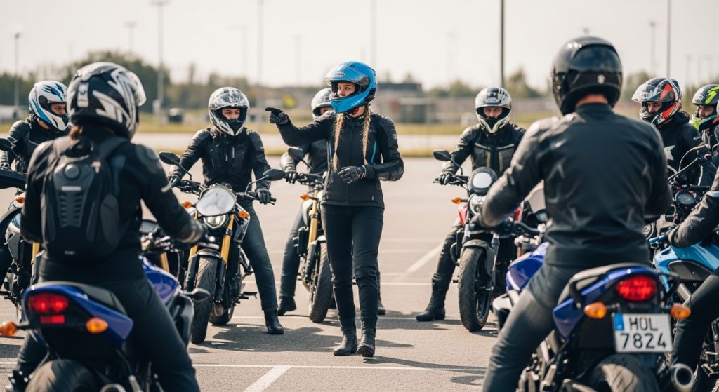 A group of motorcyclists holds a pre-ride talk to review safety essentials before group riding.