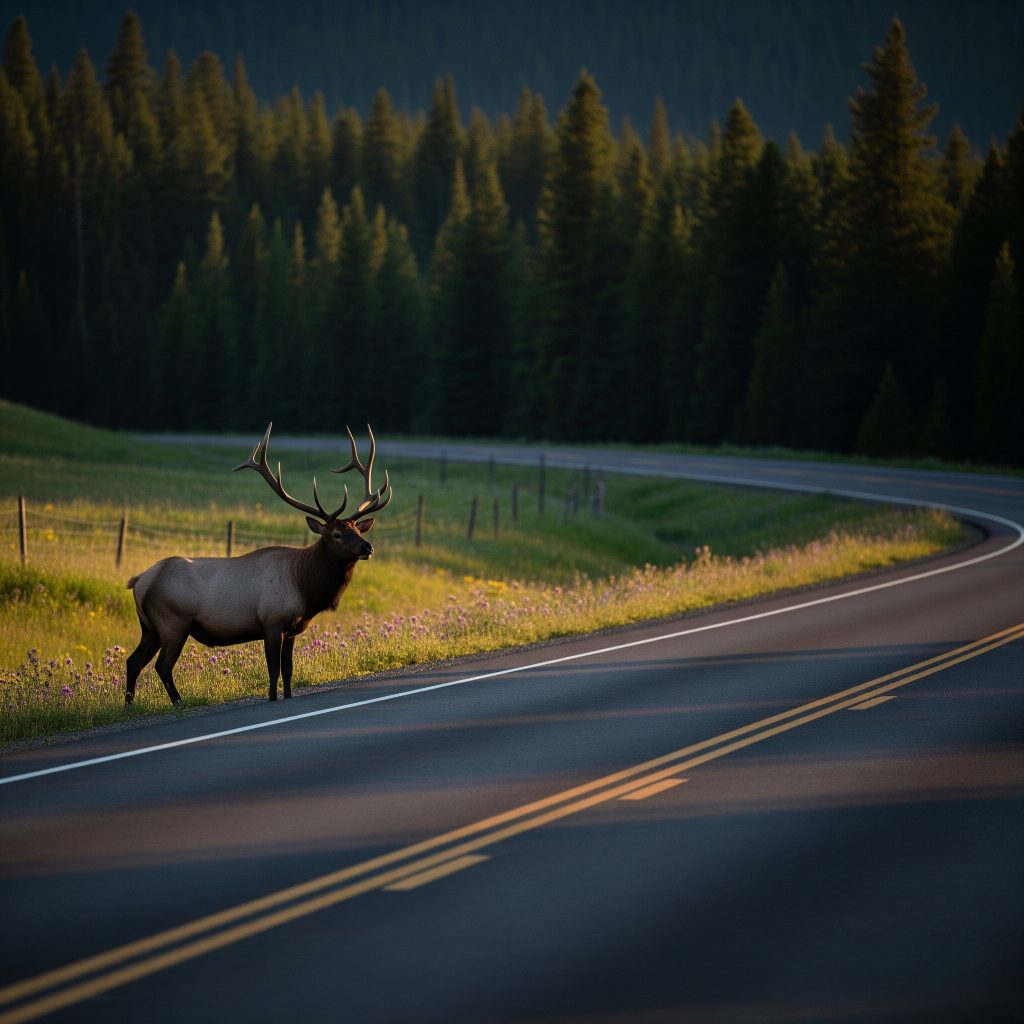 elk near the edge of a roadway