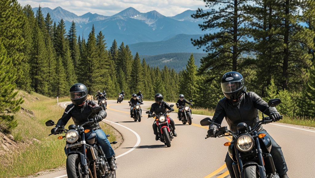 group of motorcyclists riding staggered formation on a scenic road in Montana