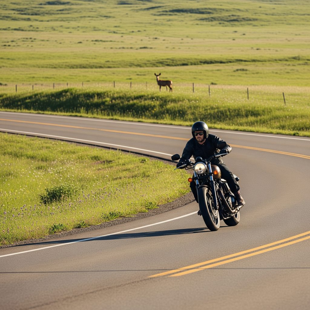 motorcycle with rider on a Montana highway with a deer visible in the background
