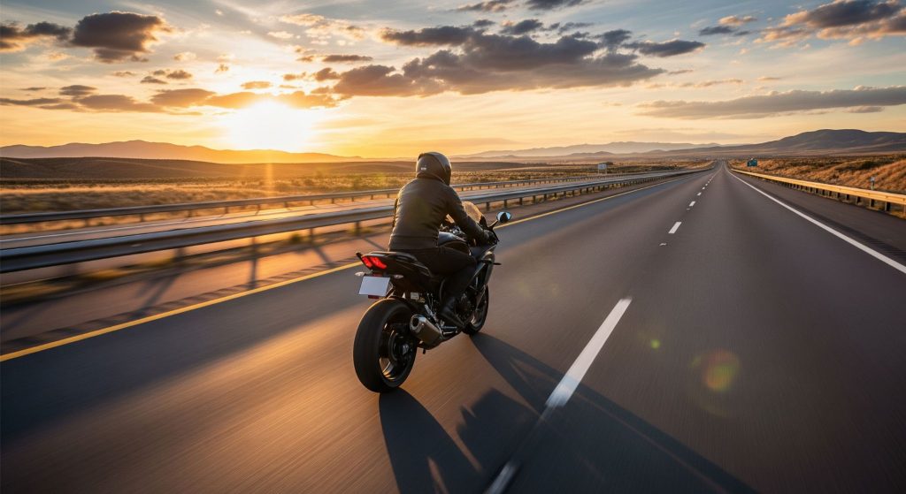 A person on a black motorcycle rides down an empty highway towards the setting sun, with mountains visible in the distance.