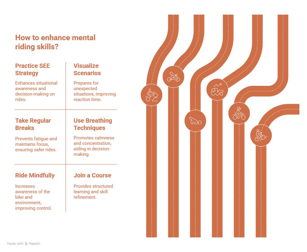 
The image is a stylized diagram illustrating six methods for improving mental riding skills, shown as text descriptions and corresponding icons on a series of winding road graphics.