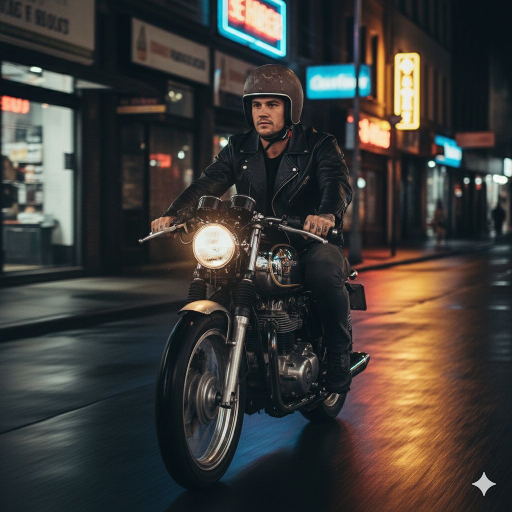 A male motorcyclist wearing a dark jacket and helmet rides a black bike on a winding road through a sunlit forest.