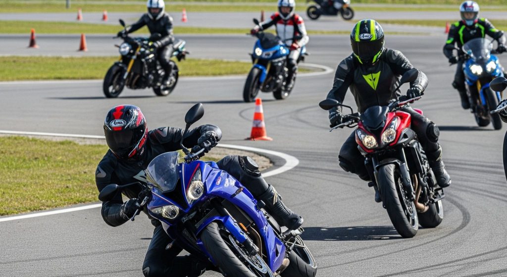A group of motorcyclists is practicing various riding skills, including cornering, wheelies, and stops, on a closed asphalt course marked with cones.