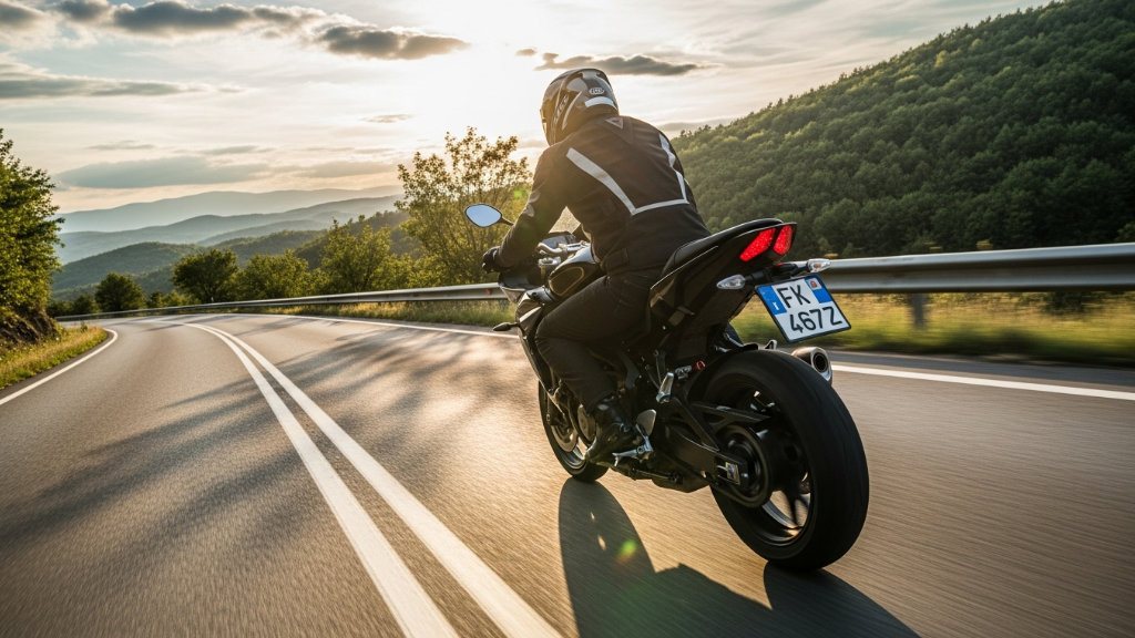 Motorcycle rider from behind on a winding mountain road at sunset with green hills