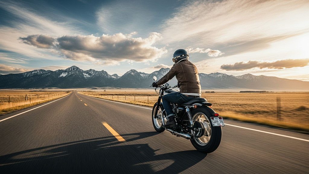 Man riding classic motorcycle on scenic Montana highway towards mountains at sunset