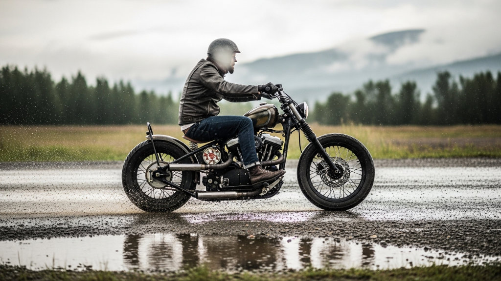 Motorcycle rider on a custom bobber riding through puddles on a wet country road with mountains in background