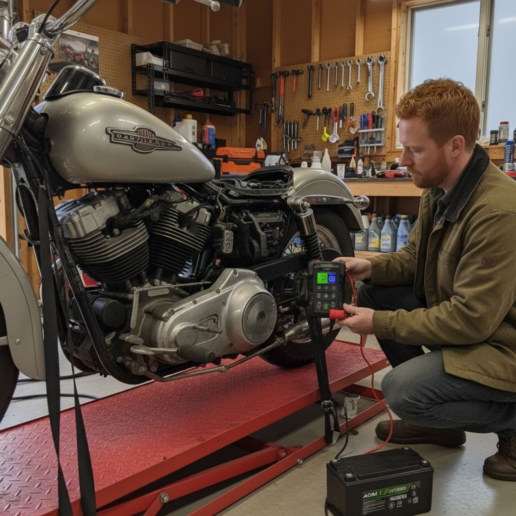 A close-up shot shows a hand connecting a specialized dual-mode battery charger to a motorcycle battery, highlighting the difference between charging standard AGM and newer lithium-ion types.