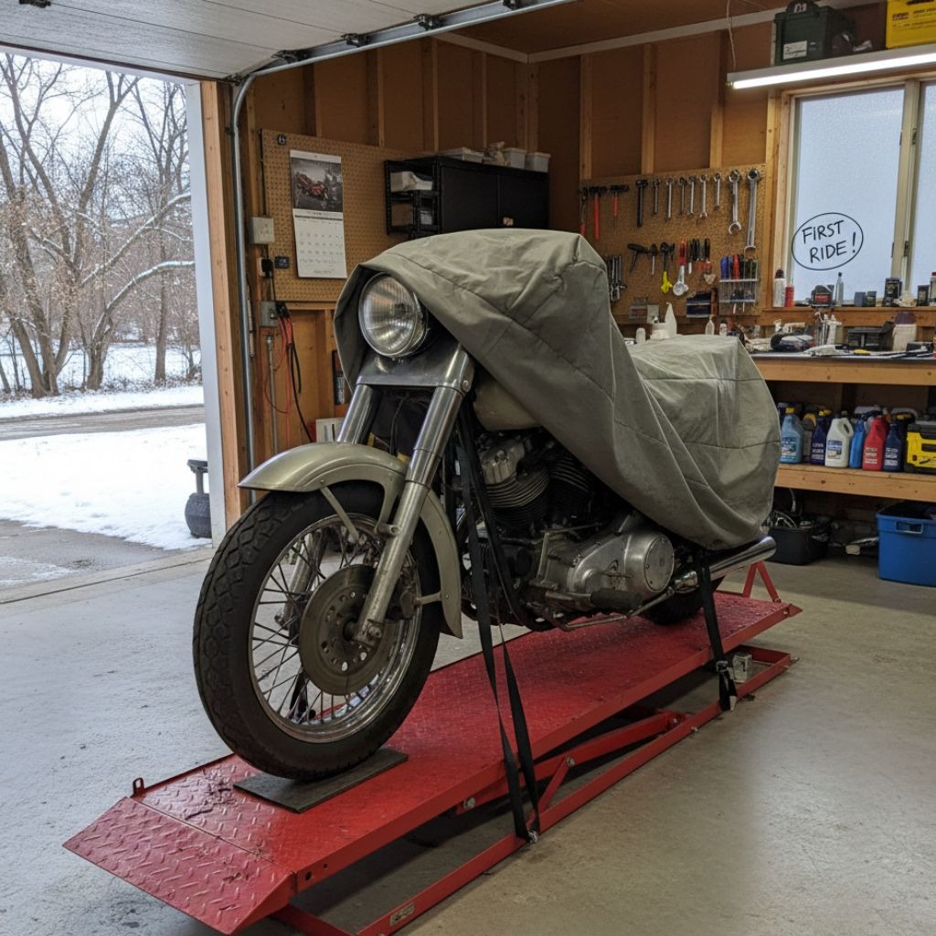 A classic motorcycle covered with a protective sheet rests on a red hydraulic lift inside a workshop or garage during the winter, preventing the tires from touching the cold floor.
