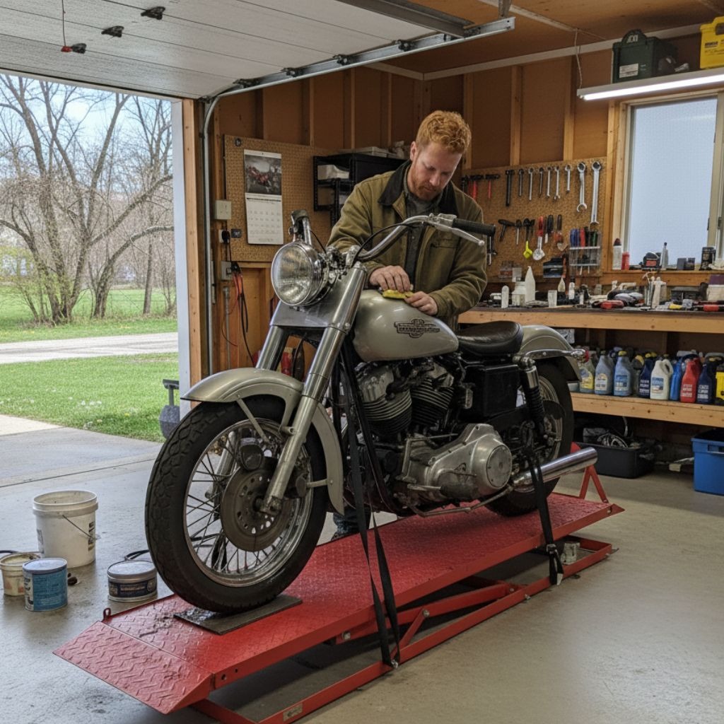 A redhead man in a garage is seen carefully washing or waxing his motorcycle, preparing it for winter storage so it remains clean and protected until the spring riding season returns.

