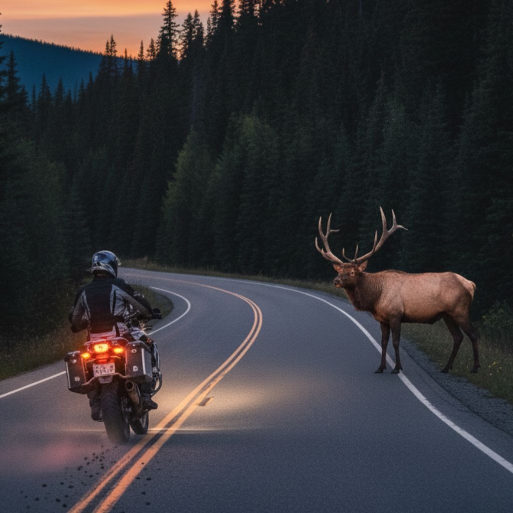 A motorcycle is seen safely stopped on a winding forest road a significant distance before a large elk standing in the center of the pavement.