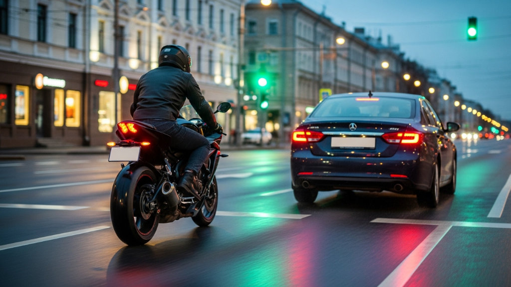 Motorcycle behind car at a city intersection with green traffic lights, rider preparing to proceed