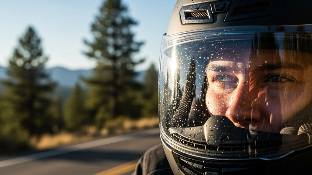 Close-up of a focused motorcycle rider's eyes behind a helmet visor, looking ahead on a mountain road