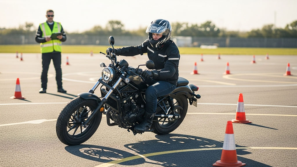Motorcycle rider practicing cone weave drill with instructor observing on a training course