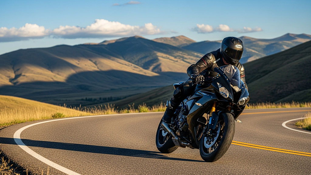 Sportbike rider expertly leaning into a curve on a scenic mountain road in Montana