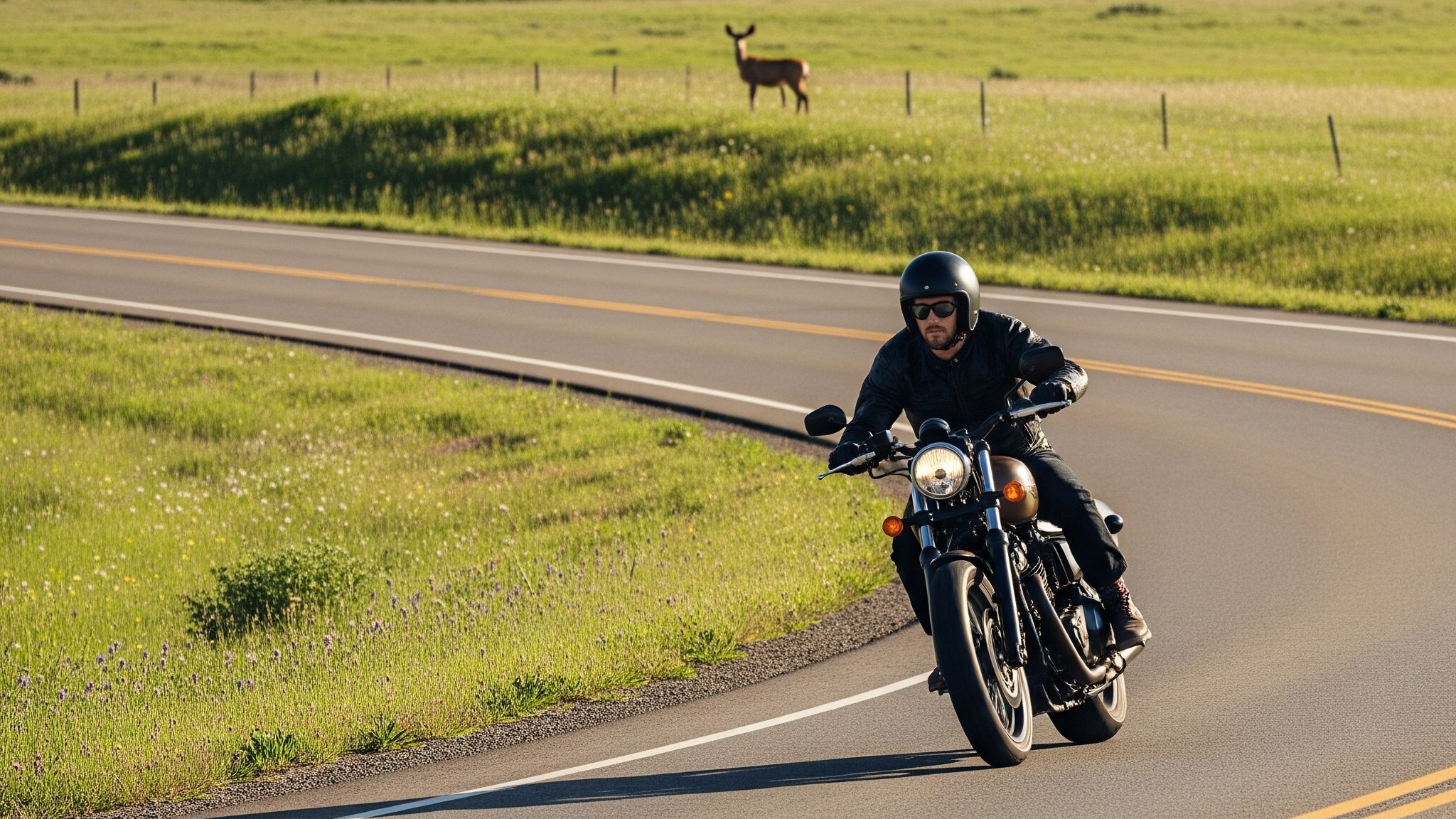 motorcycle with rider on a Montana highway with a deer visible in the background