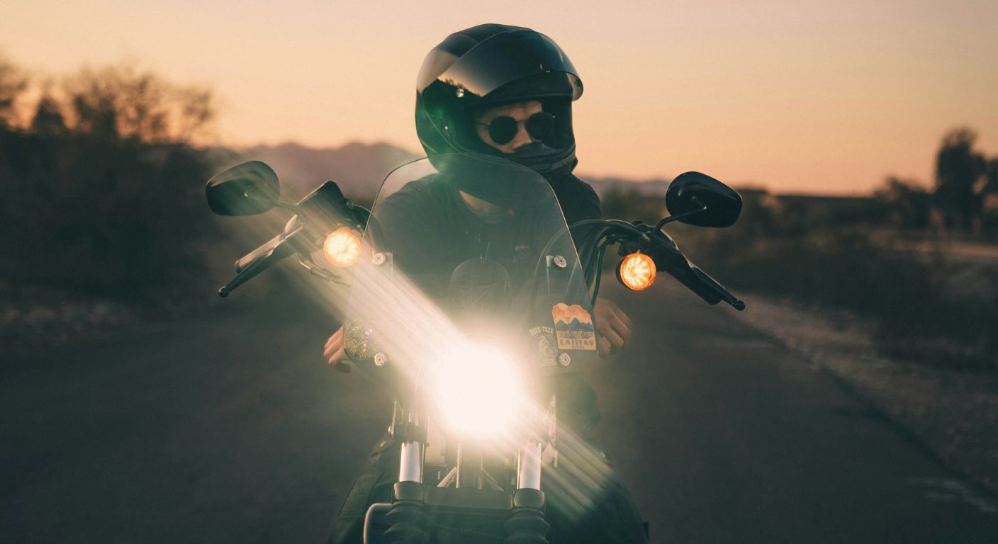 Motorcyclist wearing a helmet and sunglasses riding with headlight on along an open road at sunset.