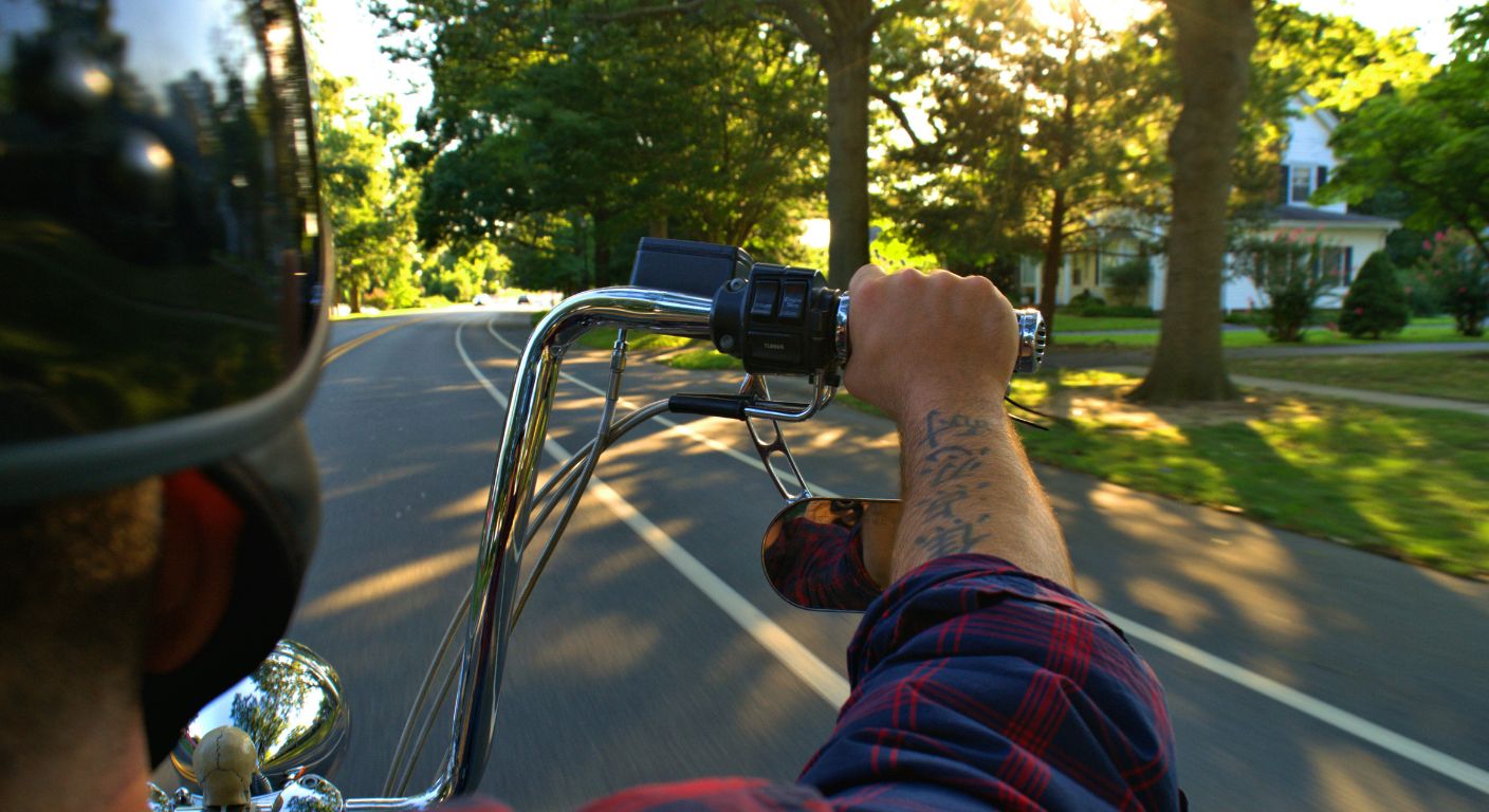 Rider’s point of view gripping motorcycle handlebars while cruising down a tree-lined suburban road with sunlight filtering through the trees.
