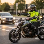 Motorcyclist wearing a bright yellow safety jacket and helmet riding a gray sport bike at an urban intersection, a car ahead with headlights on.
